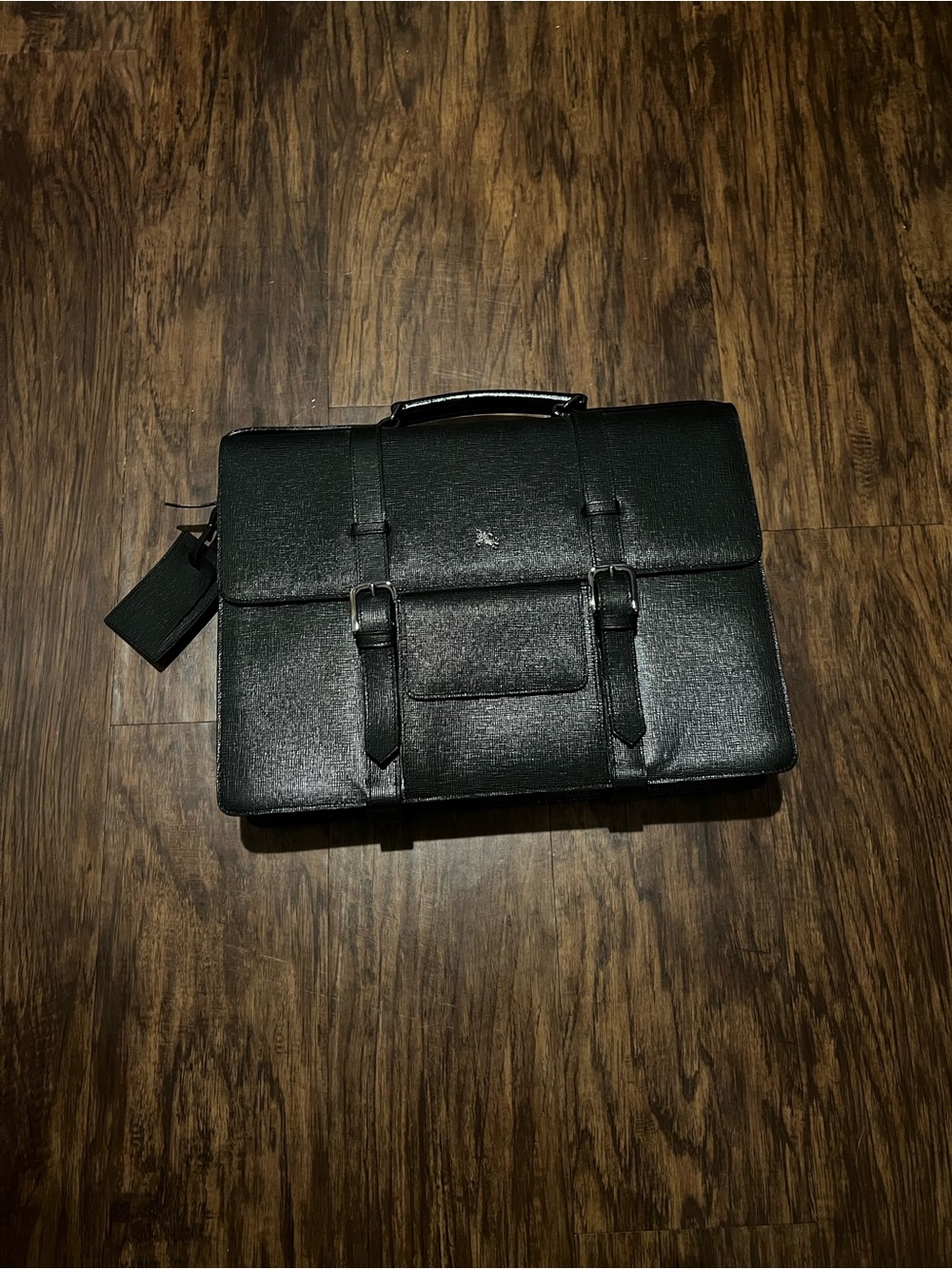 Burberry Black Textured Leather Briefcase - Double Buckle Professional Bag